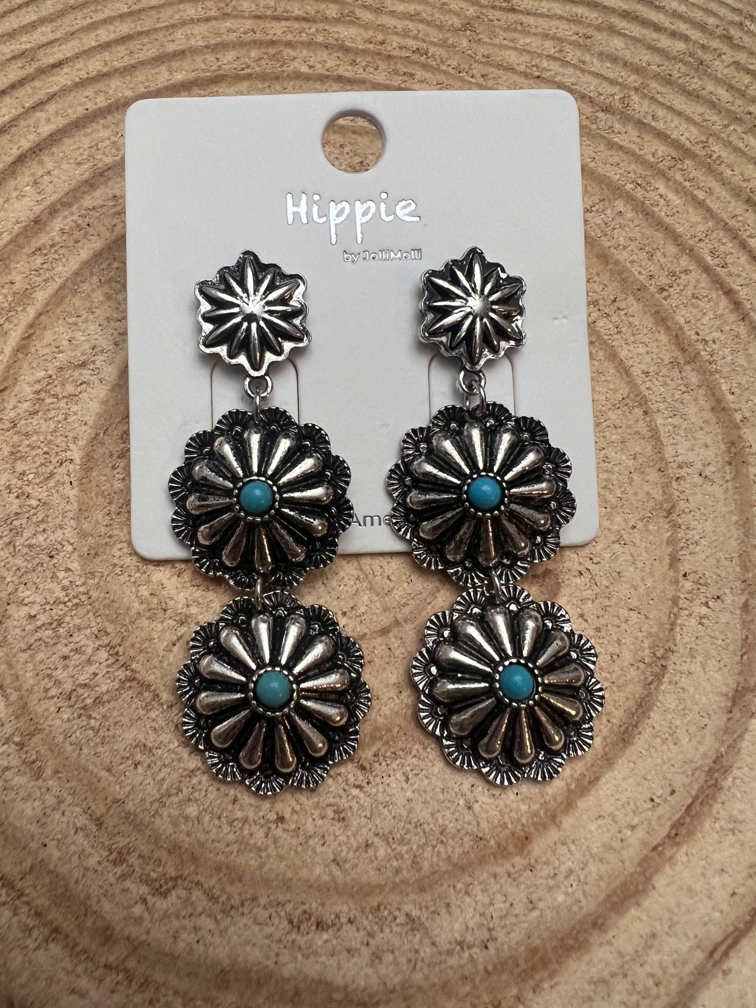 Western 3-Concho Dangle Earrings with Faux Turquoise — 2¼" Drop - Rooted & Reckless Co.