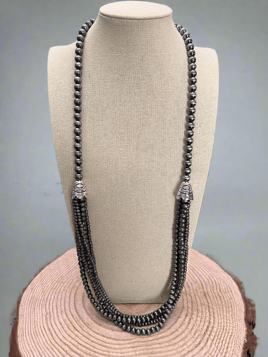 Western 5-Row Faux Sterling Pearl Teardrop Necklace with Faux Turquoise — 28 Inch Statement - Rooted & Reckless Co.