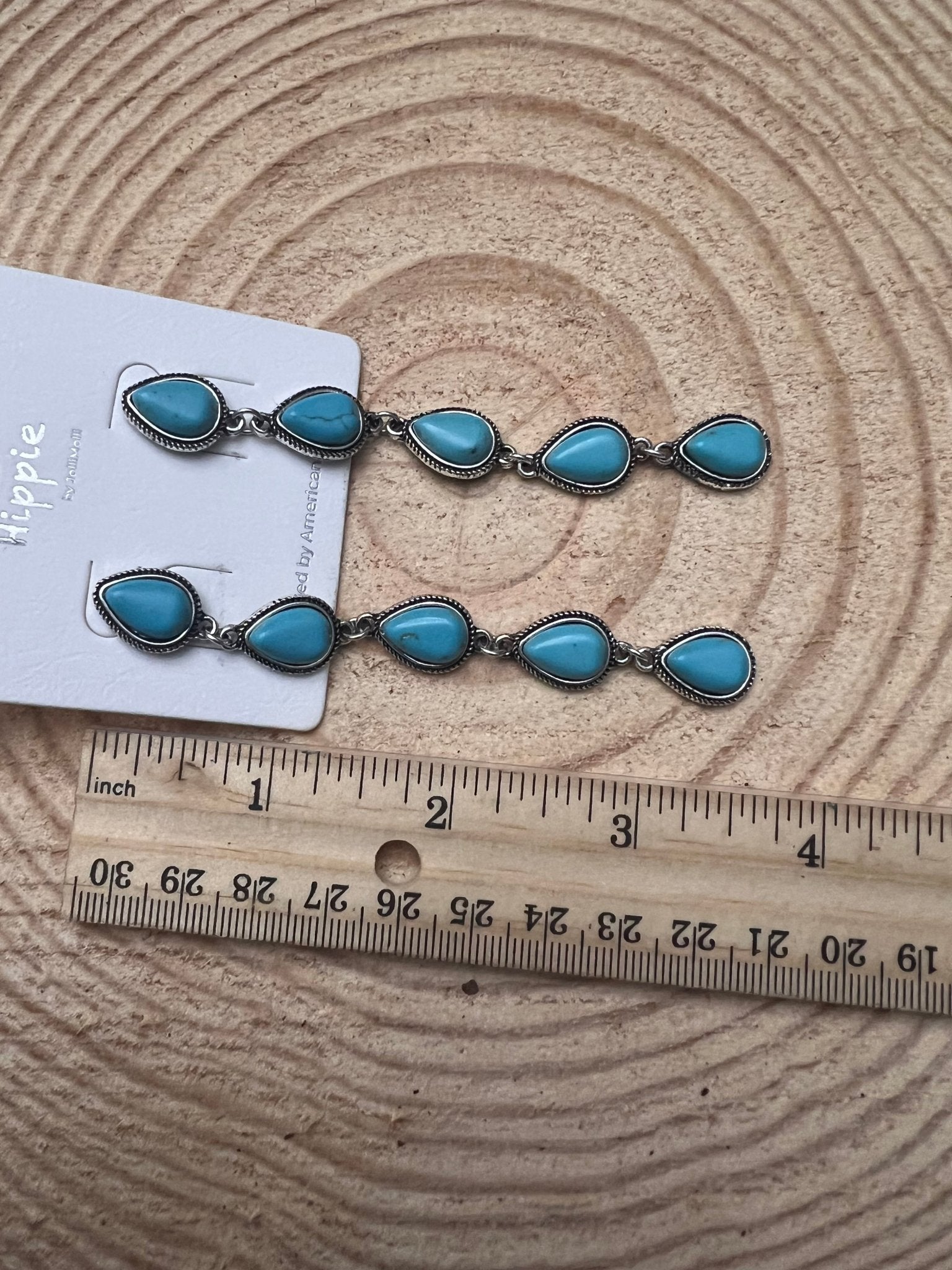 Western 5-Teardrop Faux Turquoise Dangle Earrings — Bold 3½" Statement Drop - Rooted & Reckless Co.