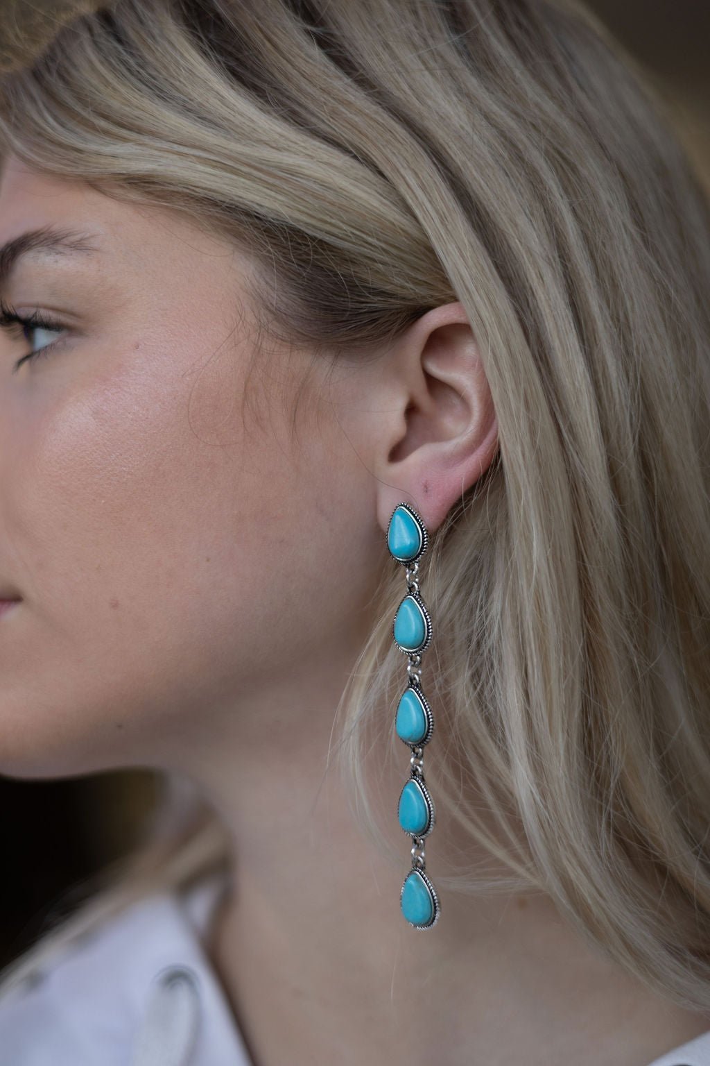 Western 5-Teardrop Faux Turquoise Dangle Earrings — Bold 3½" Statement Drop - Rooted & Reckless Co.