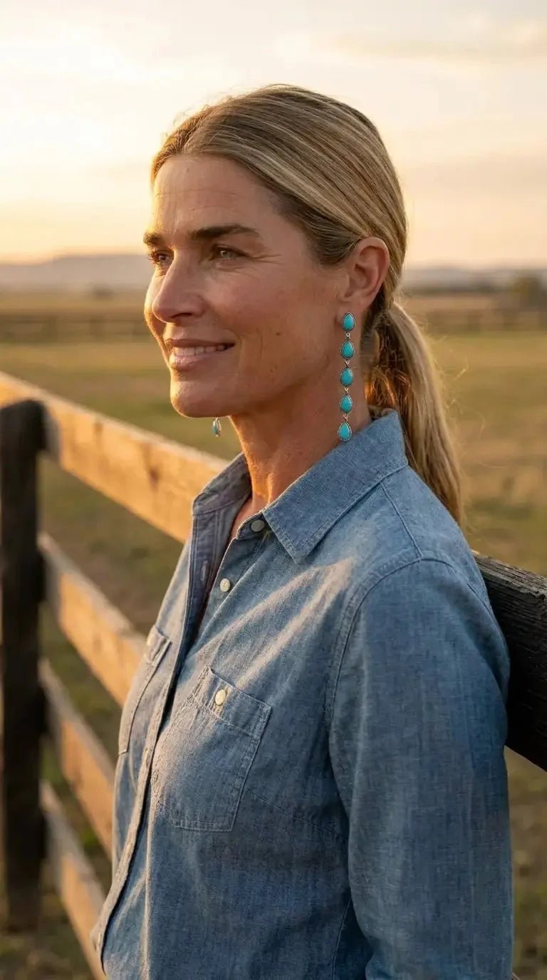 Western 5-Teardrop Faux Turquoise Dangle Earrings — Bold 3½" Statement Drop - Rooted & Reckless Co.