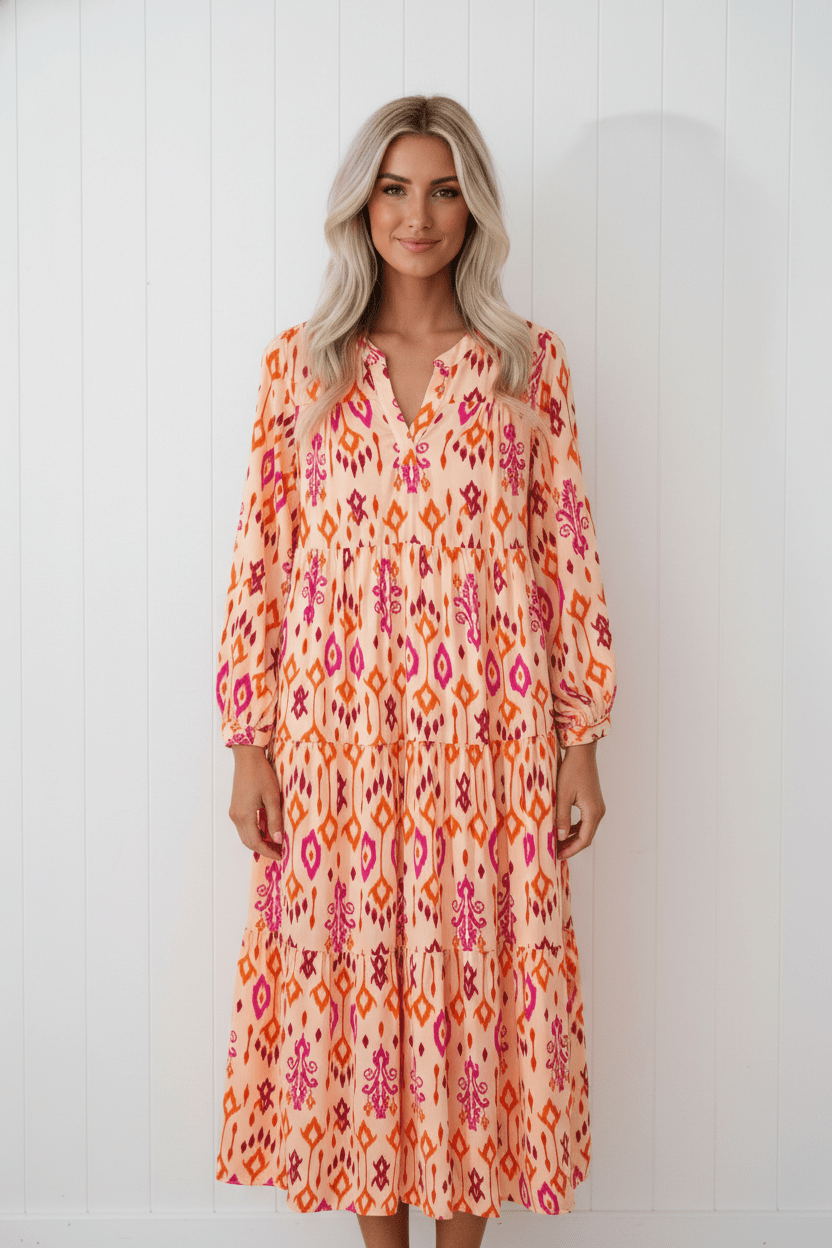 Western Abstract Geometric Long Sleeve Maxi Dress - Rooted & Reckless Co.