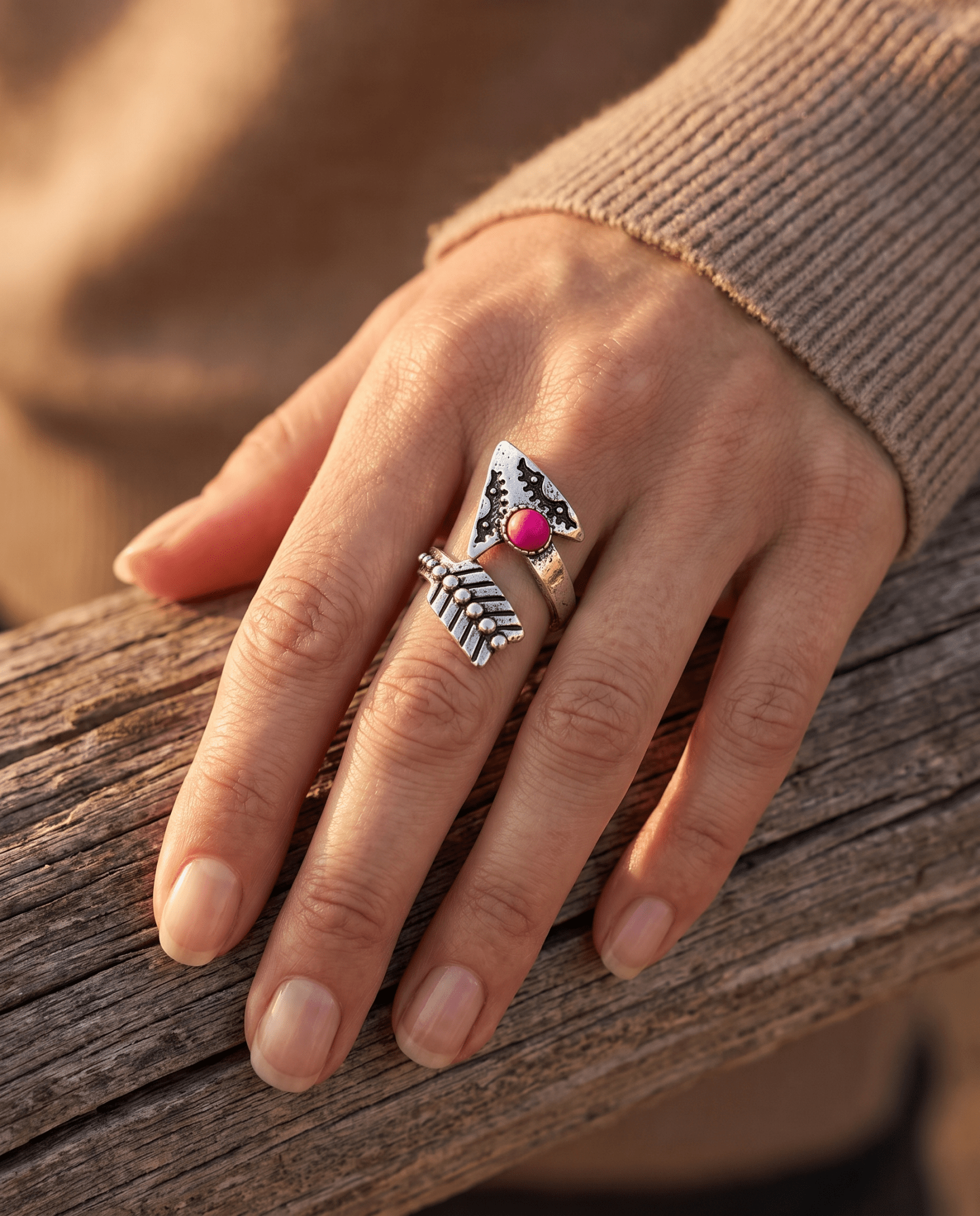 Western Arrow Head Cuff Ring with Faux Pink Stone — Adjustable Hand Statement - Rooted & Reckless Co.