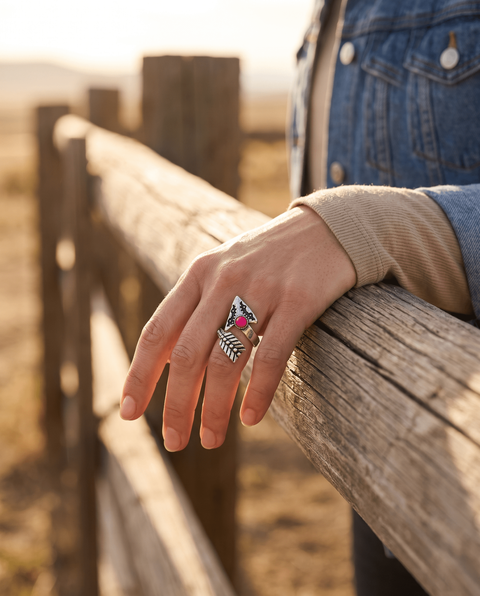 Western Arrow Head Cuff Ring with Faux Pink Stone — Adjustable Hand Statement - Rooted & Reckless Co.