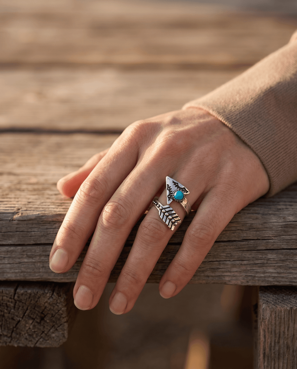 Western Arrow Head Cuff Ring with Faux Turquoise Stone — Adjustable Hand Statement - Rooted & Reckless Co.