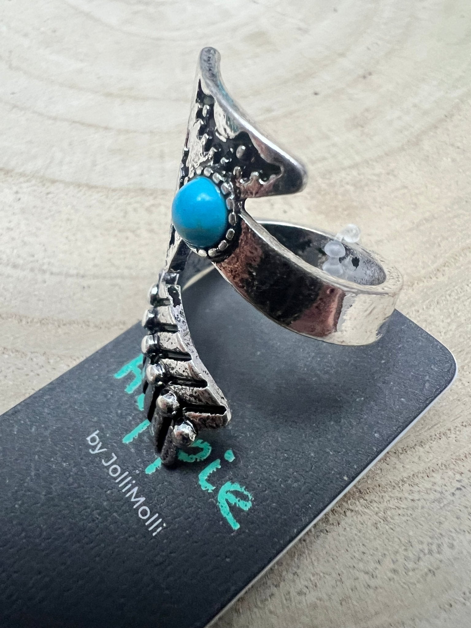 Western Arrow Head Cuff Ring with Faux Turquoise Stone — Adjustable Hand Statement - Rooted & Reckless Co.