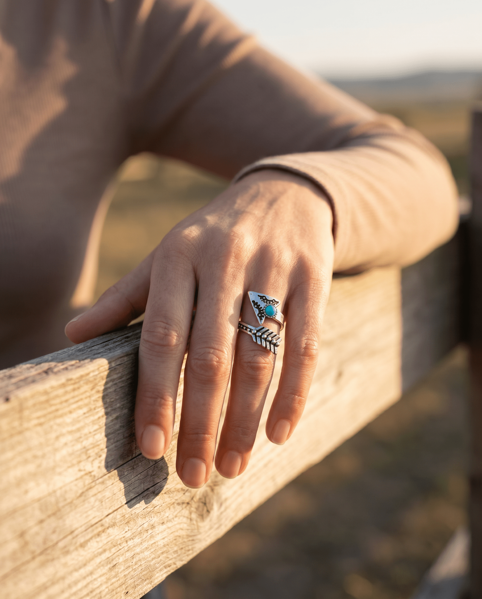 Western Arrow Head Cuff Ring with Faux Turquoise Stone — Adjustable Hand Statement - Rooted & Reckless Co.