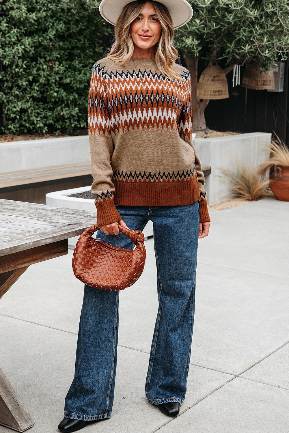 Western Aztec Geometric Colorblock Crewneck Sweater - Rooted & Reckless Co.