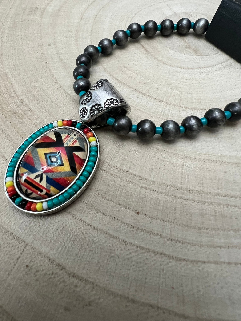 Western Aztec Pendant Stretch Bracelet — Seed Bead, Faux Pearl & Turquoise Accents - Rooted & Reckless Co.