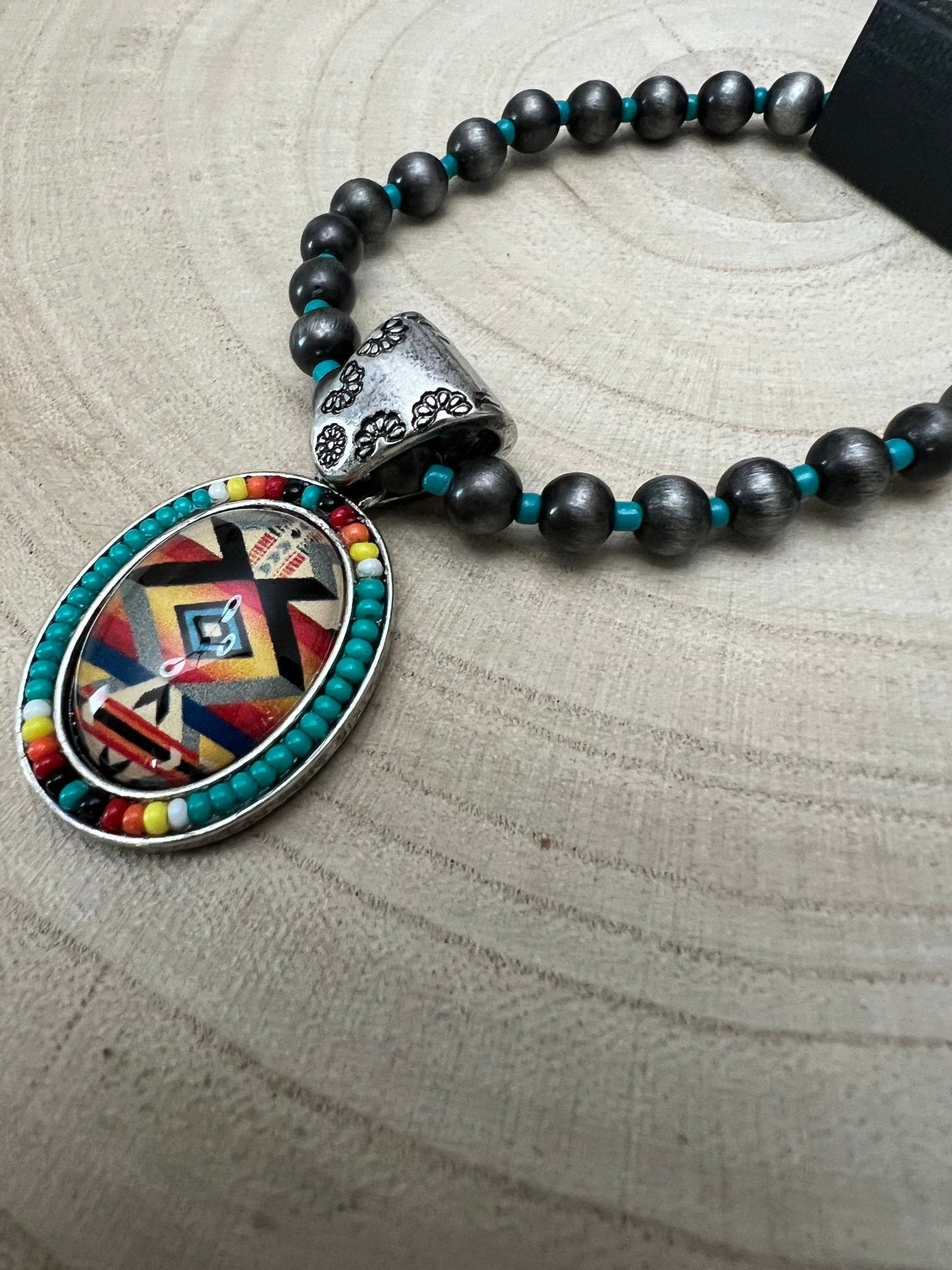 Western Aztec Pendant Stretch Bracelet — Seed Bead, Faux Pearl & Turquoise Accents - Rooted & Reckless Co.