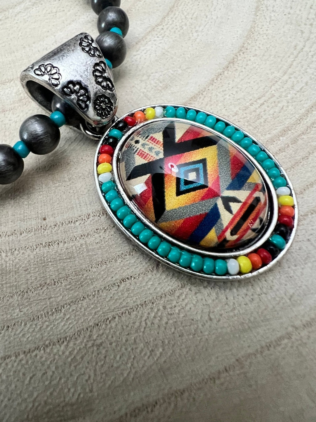 Western Aztec Pendant Stretch Bracelet — Seed Bead, Faux Pearl & Turquoise Accents - Rooted & Reckless Co.