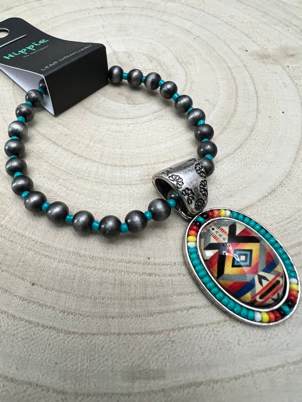 Western Aztec Pendant Stretch Bracelet — Seed Bead, Faux Pearl & Turquoise Accents - Rooted & Reckless Co.