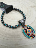 Western Aztec Pendant Stretch Bracelet — Seed Bead, Faux Pearl & Turquoise Accents - Rooted & Reckless Co.