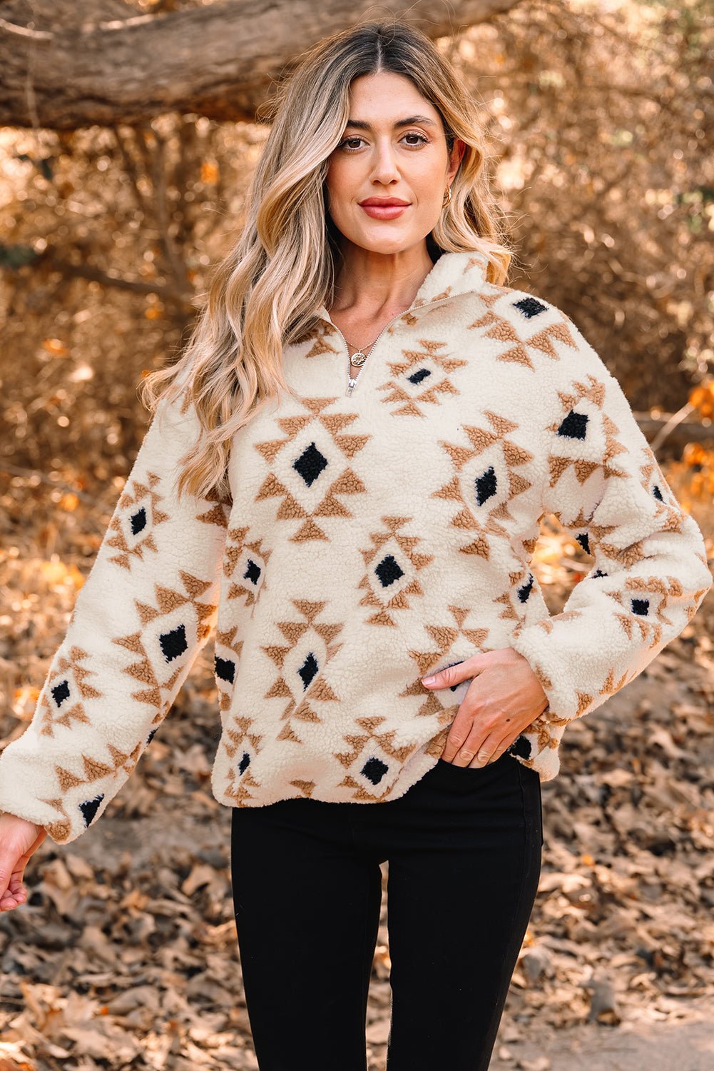 Western Aztec Sherpa Quarter-Zip Collared Sweatshirt - Rooted & Reckless Co.