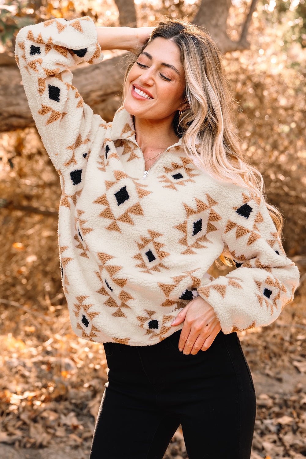 Western Aztec Sherpa Quarter-Zip Collared Sweatshirt - Rooted & Reckless Co.