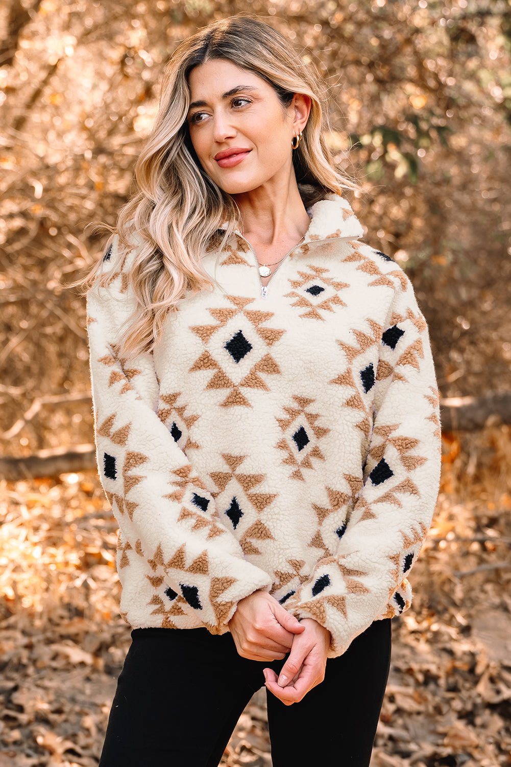 Western Aztec Sherpa Quarter-Zip Collared Sweatshirt - Rooted & Reckless Co.
