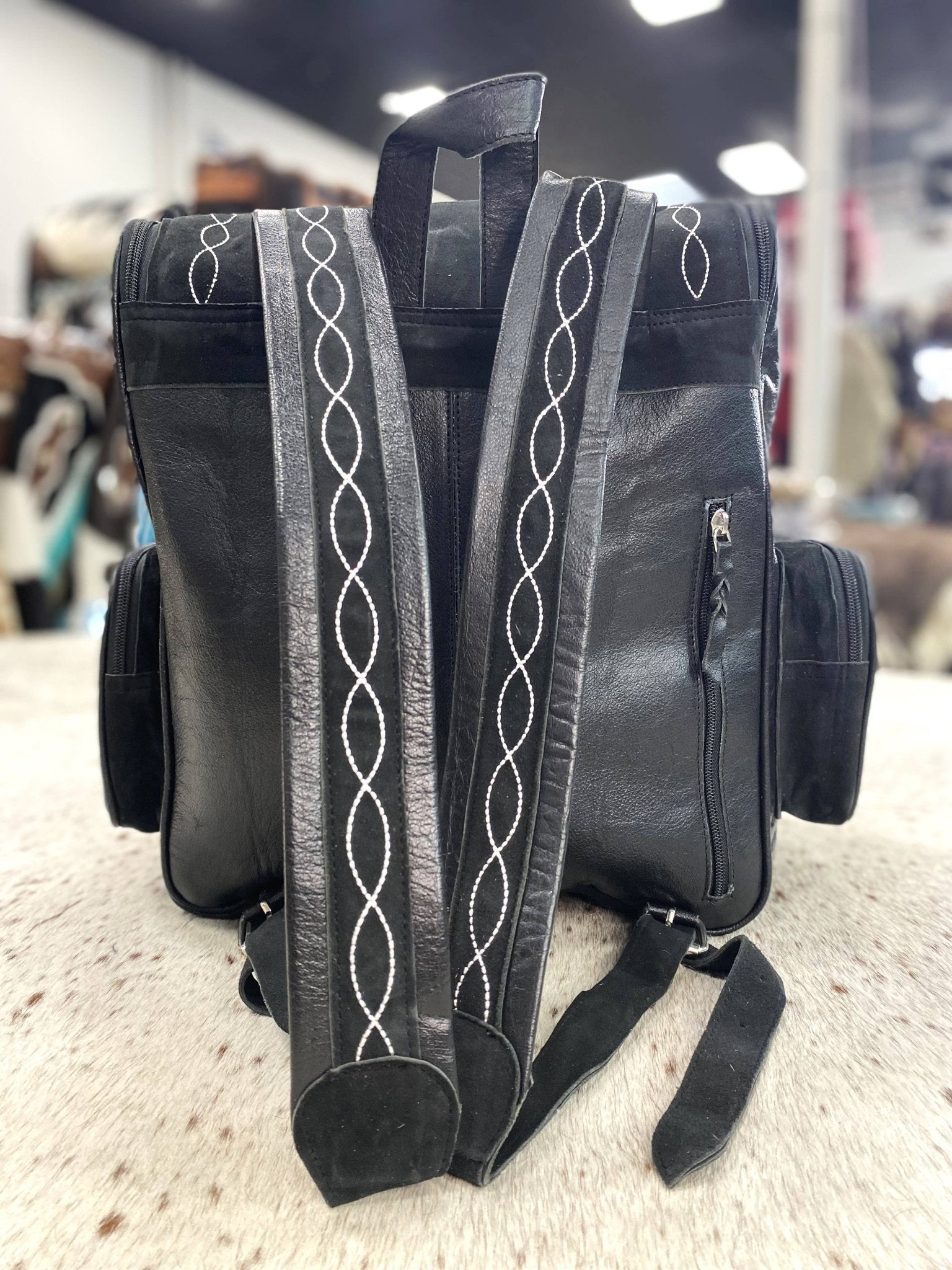 Western Black Suede Boot Stitch Backpack — Genuine Leather Western Statement - Rooted & Reckless Co.