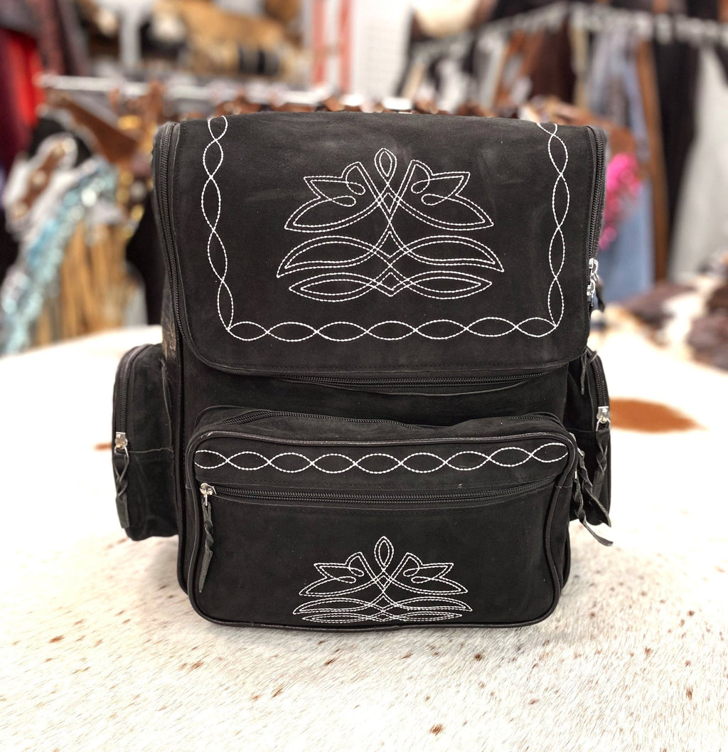 Western Black Suede Boot Stitch Backpack — Genuine Leather Western Statement - Rooted & Reckless Co.