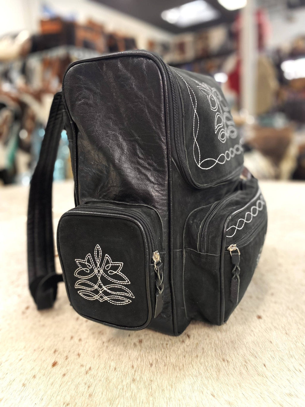 Western Black Suede Boot Stitch Backpack — Genuine Leather Western Statement - Rooted & Reckless Co.