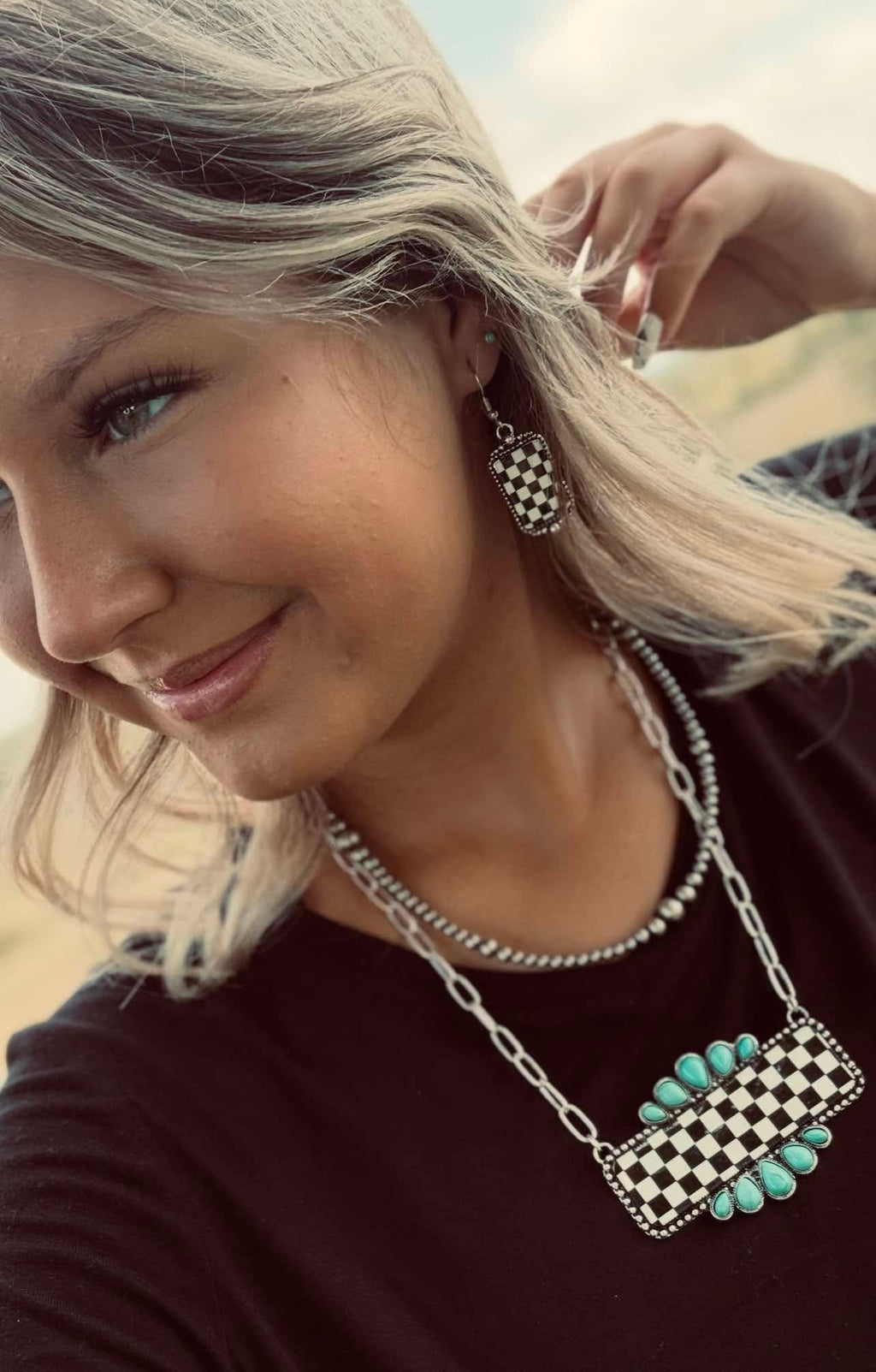Western Black & White Checkered Rectangle Earrings — 1½" Drop - Rooted & Reckless Co.