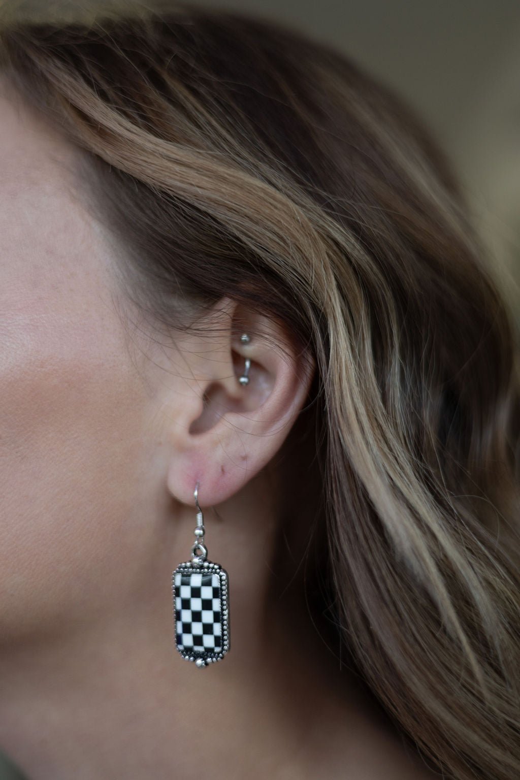 Western Black & White Checkered Rectangle Earrings — 1½" Drop - Rooted & Reckless Co.