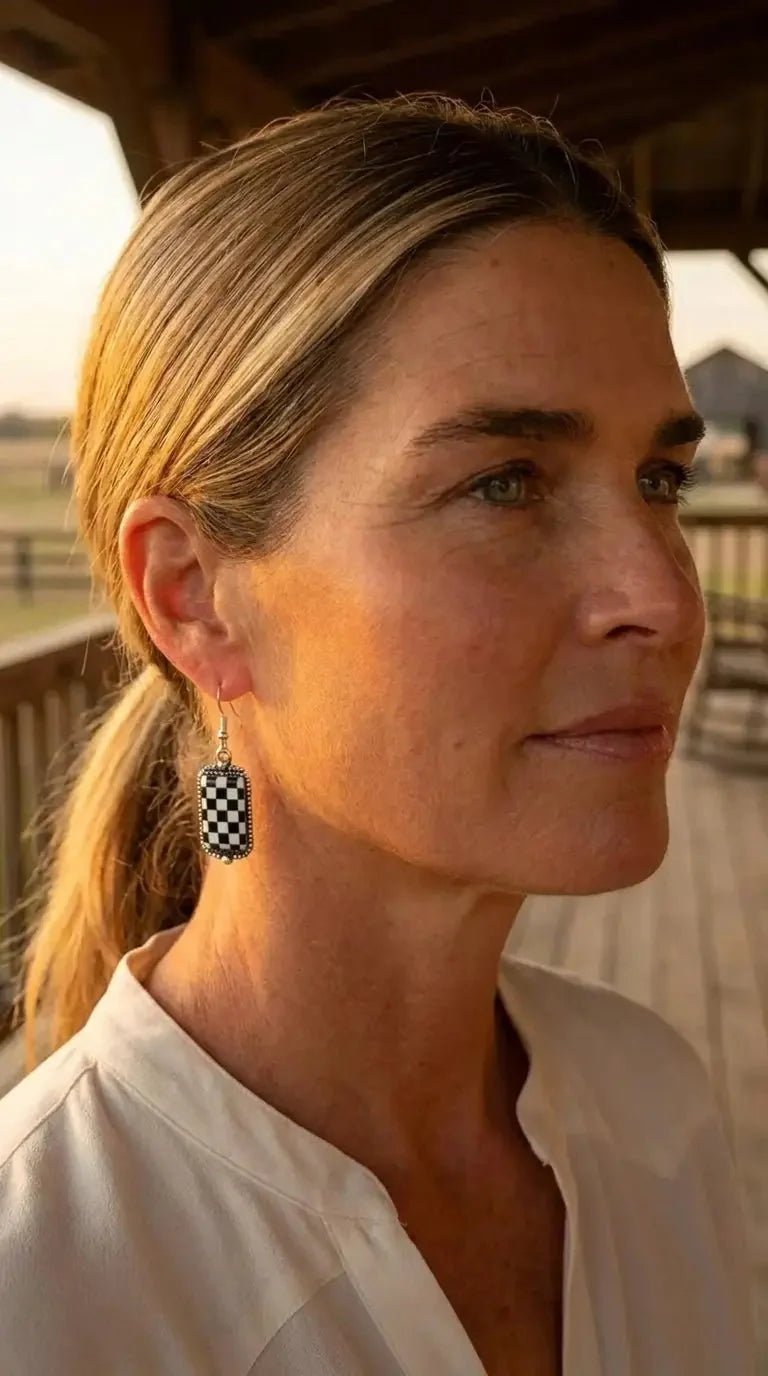 Western Black & White Checkered Rectangle Earrings — 1½" Drop - Rooted & Reckless Co.