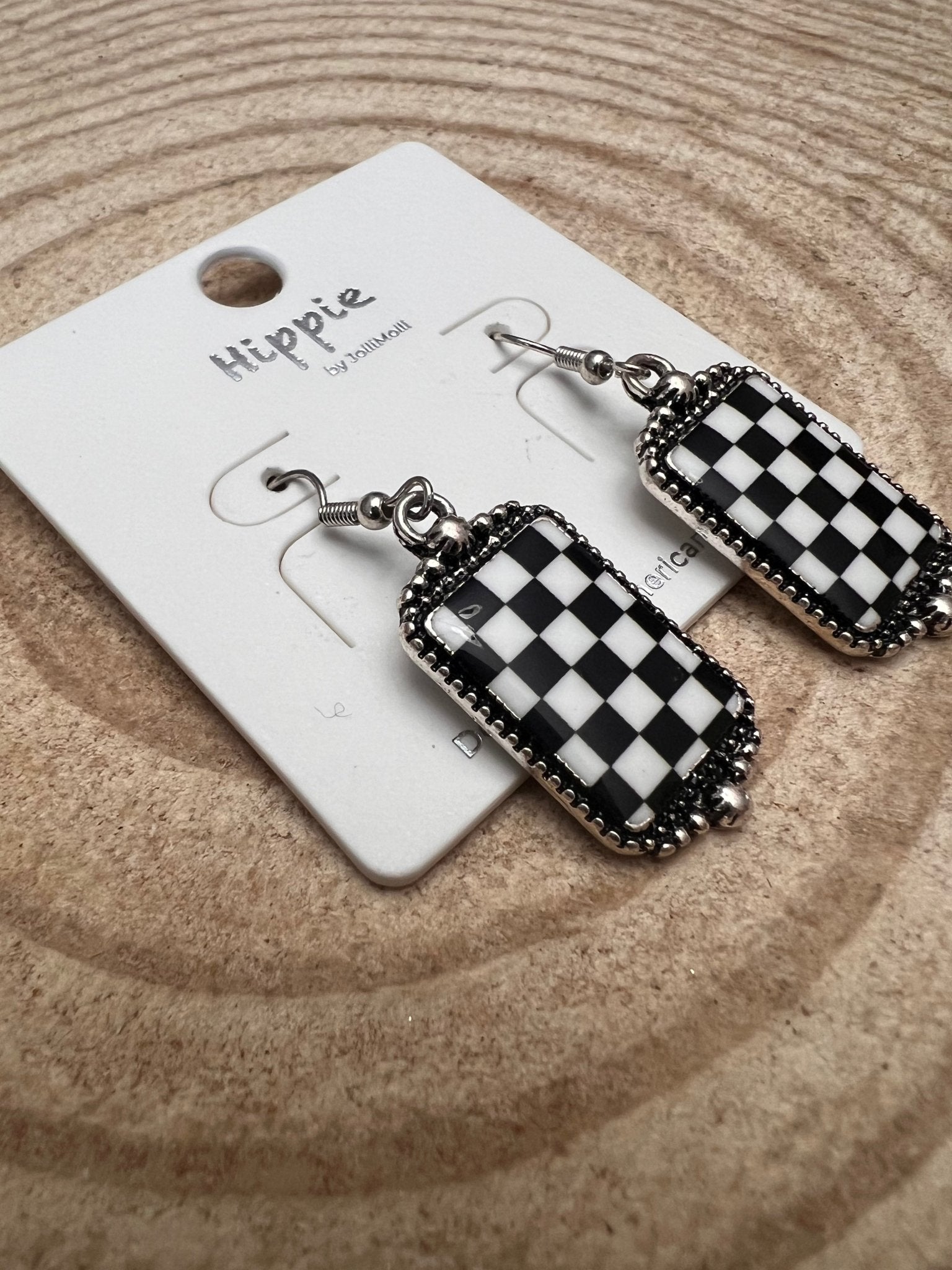 Western Black & White Checkered Rectangle Earrings — 1½" Drop - Rooted & Reckless Co.