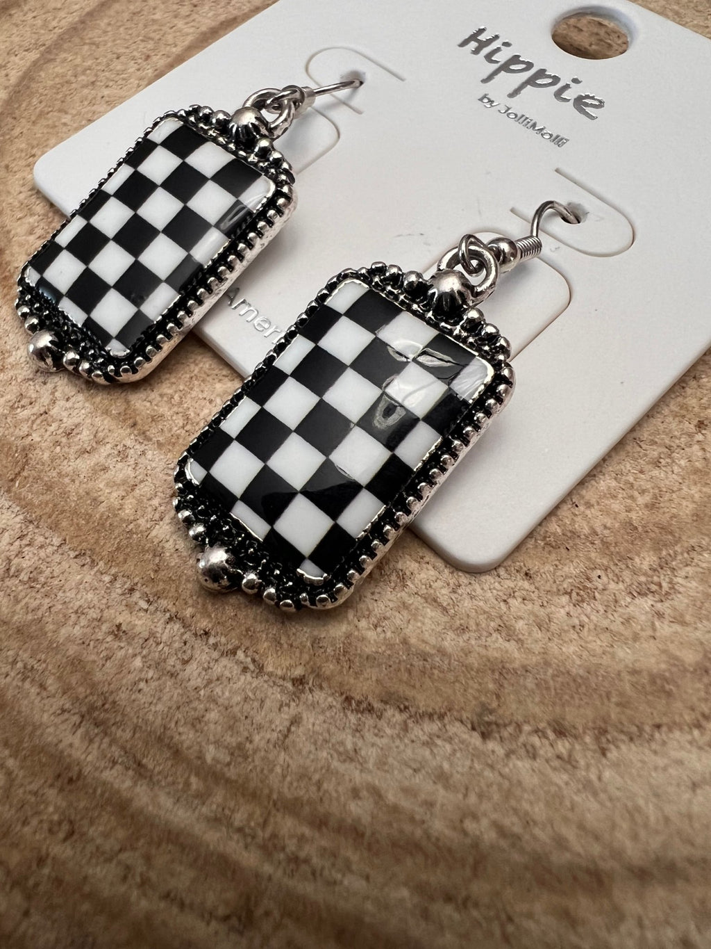 Western Black & White Checkered Rectangle Earrings — 1½" Drop - Rooted & Reckless Co.