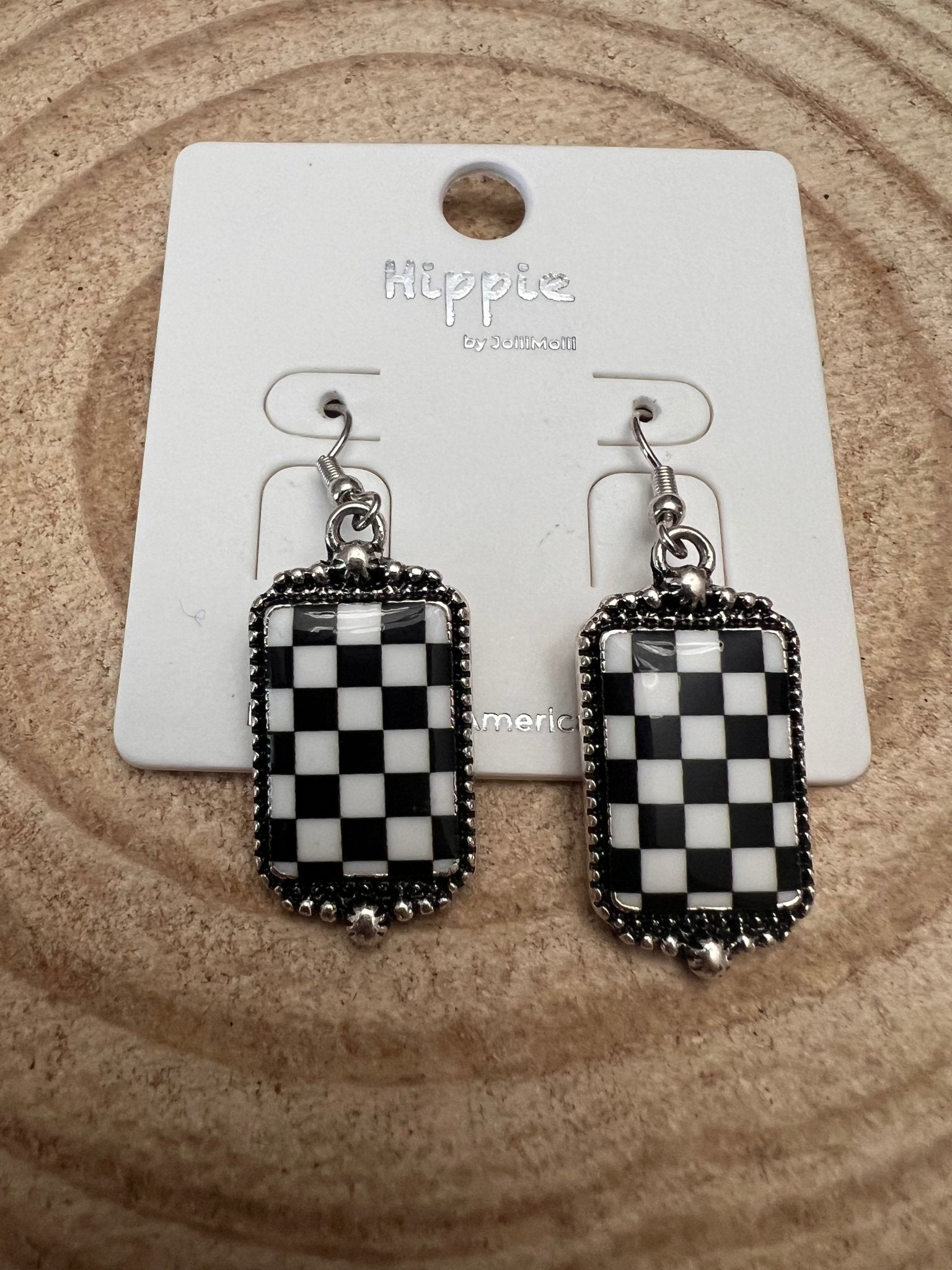 Western Black & White Checkered Rectangle Earrings — 1½" Drop - Rooted & Reckless Co.