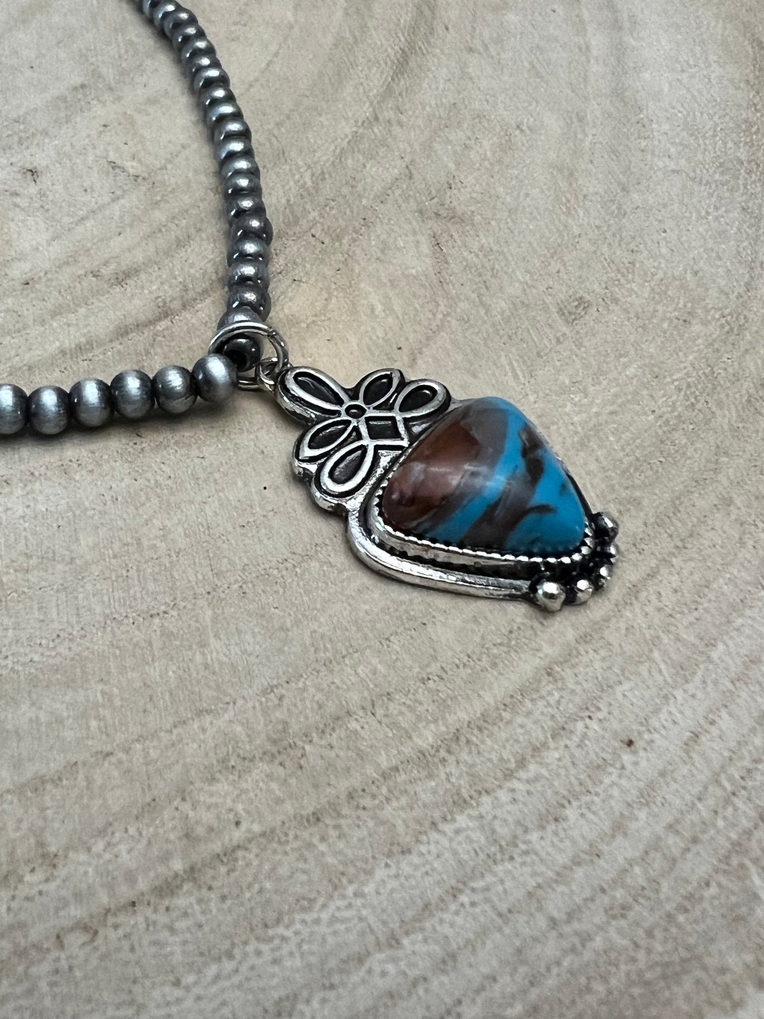 Western Boot Stitch Pendant Pearl Necklace with Faux Turquoise — 18 Inch - Rooted & Reckless Co.