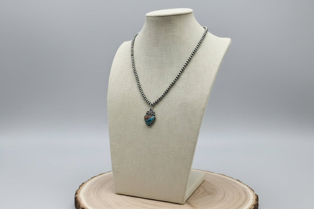 Western Boot Stitch Pendant Pearl Necklace with Faux Turquoise — 18 Inch - Rooted & Reckless Co.