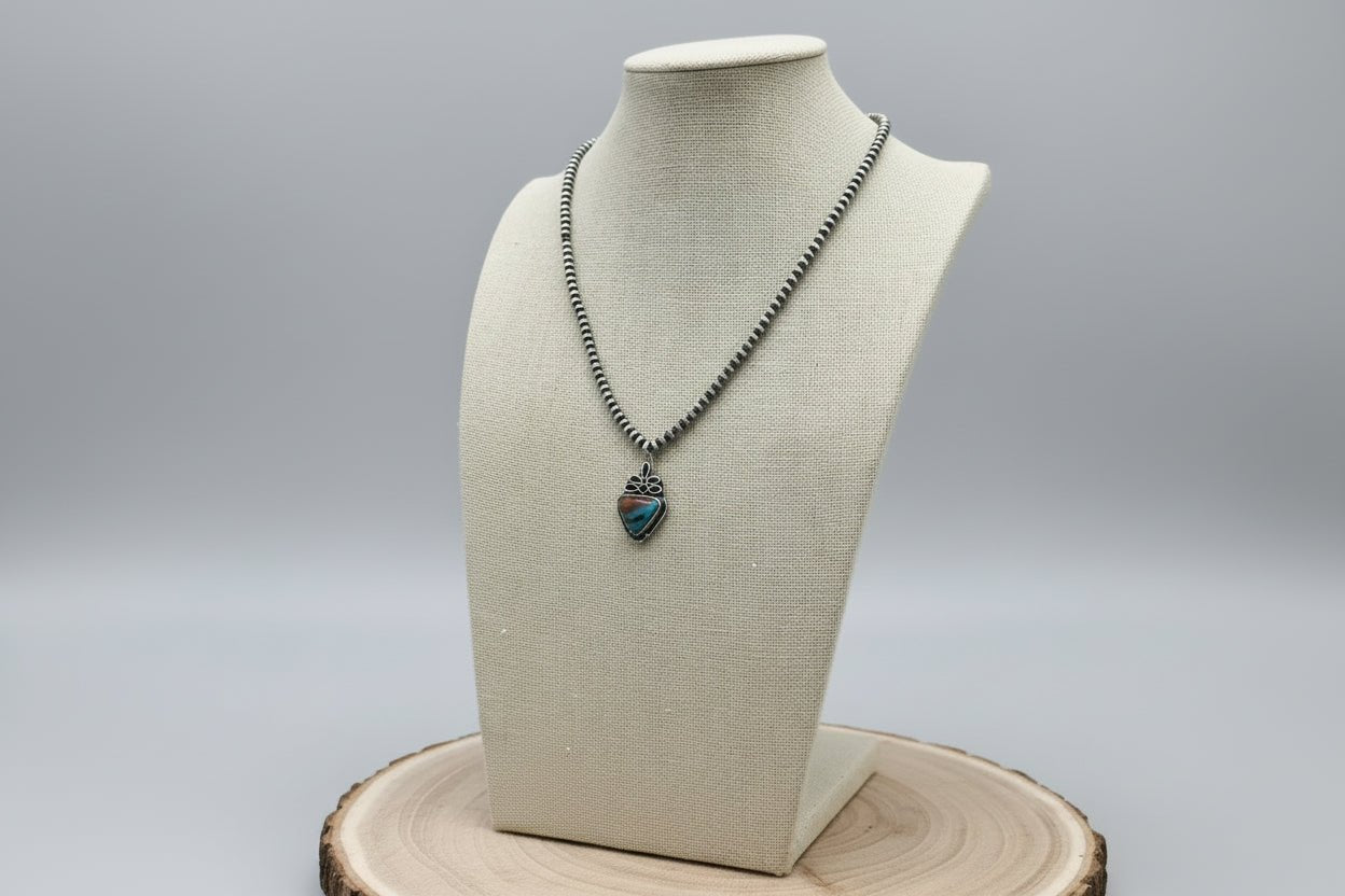 Western Boot Stitch Pendant Pearl Necklace with Faux Turquoise — 18 Inch - Rooted & Reckless Co.