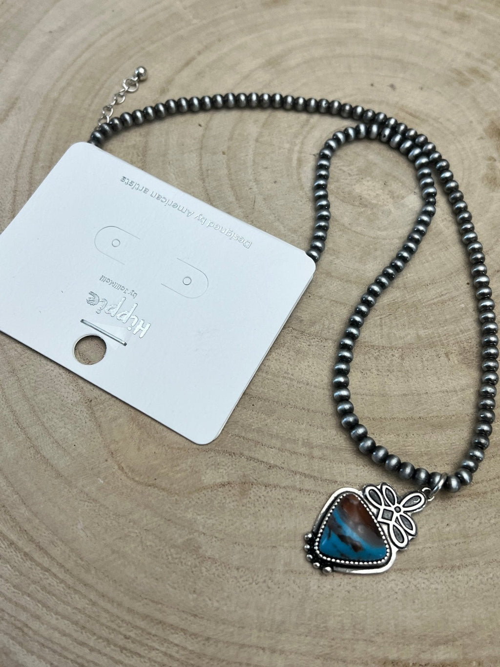 Western Boot Stitch Pendant Pearl Necklace with Faux Turquoise — 18 Inch - Rooted & Reckless Co.