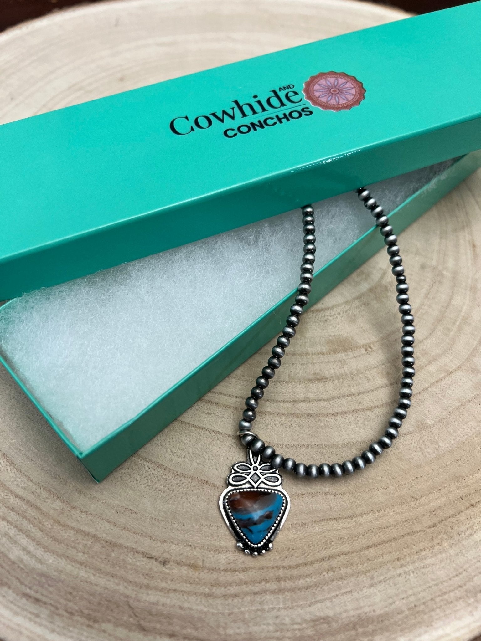 Western Boot Stitch Pendant Pearl Necklace with Faux Turquoise — 18 Inch - Rooted & Reckless Co.