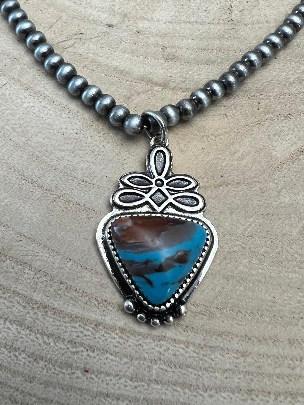 Western Boot Stitch Pendant Pearl Necklace with Faux Turquoise — 18 Inch - Rooted & Reckless Co.