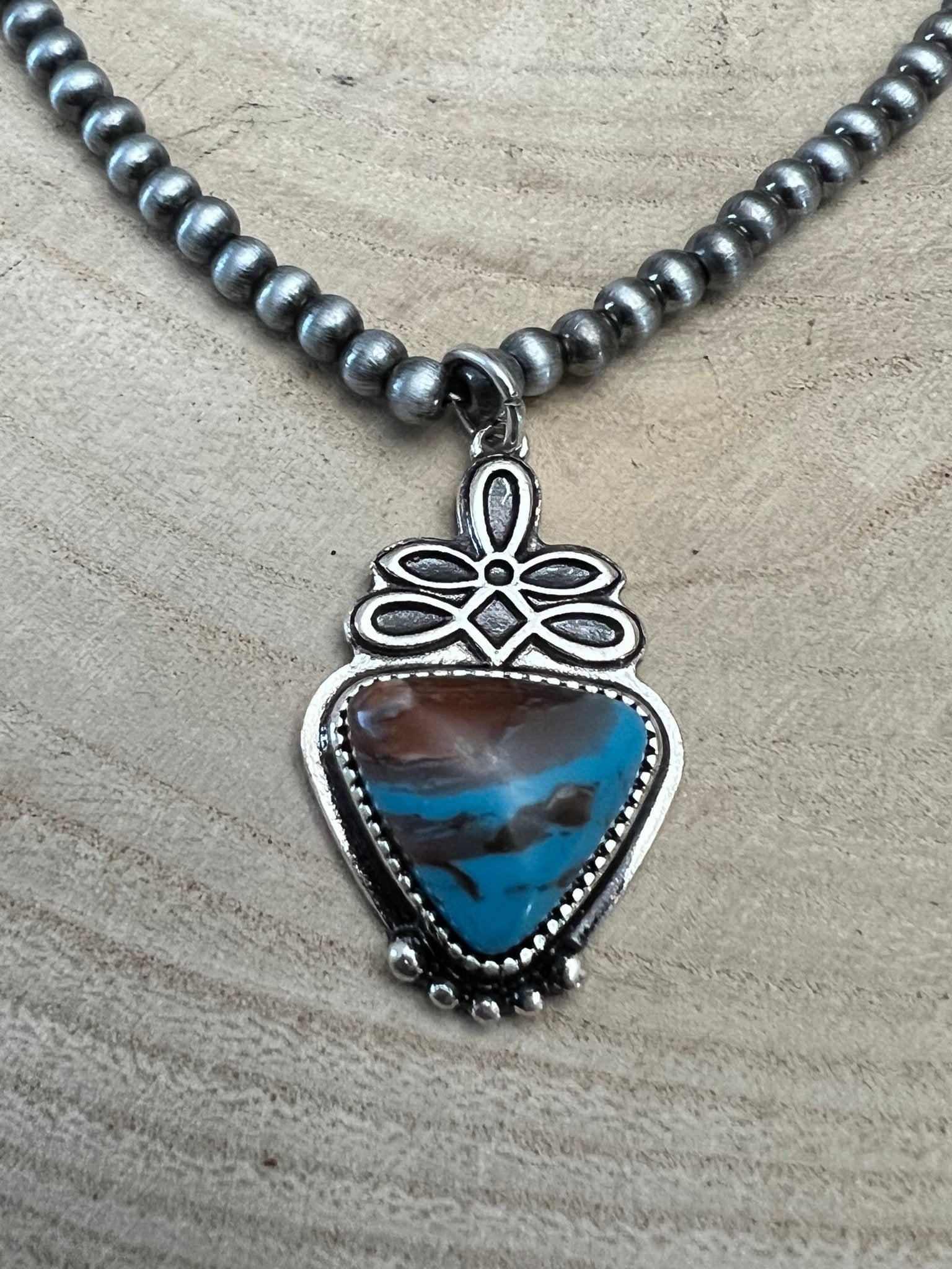 Western Boot Stitch Pendant Pearl Necklace with Faux Turquoise — 18 Inch - Rooted & Reckless Co.
