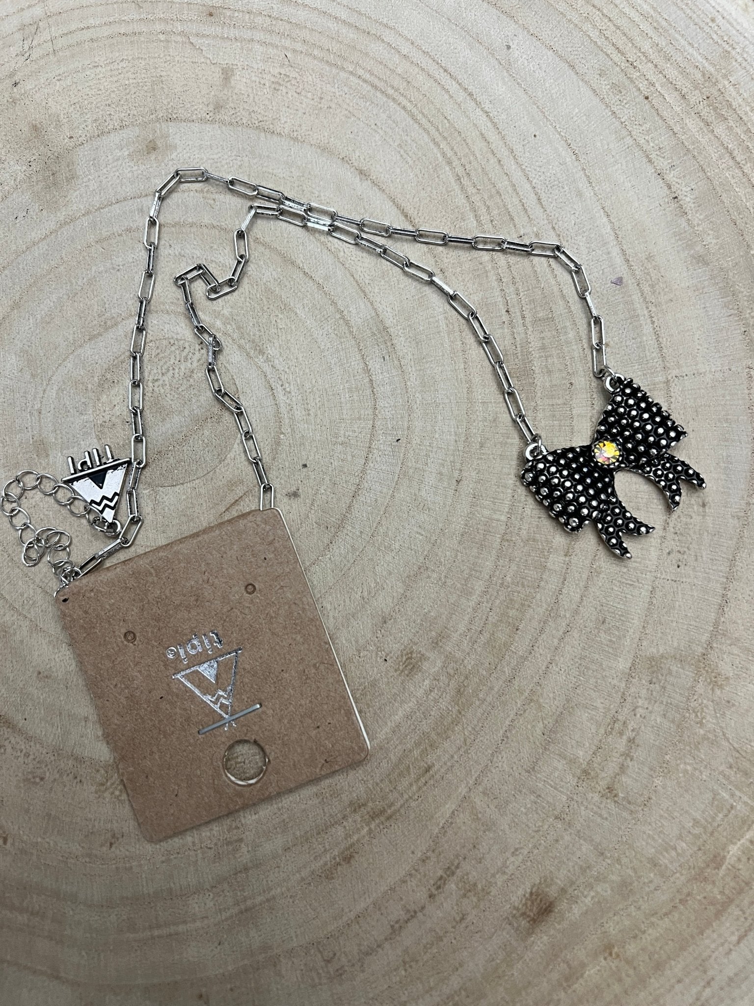 Western Bow Design Rhinestone Ribbon Necklace — Paperclip Chain with Western Pattern Ribbon (18 Inch) - Rooted & Reckless Co.