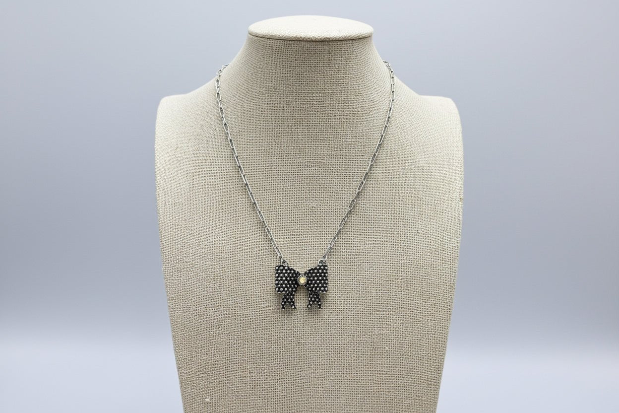 Western Bow Design Rhinestone Ribbon Necklace — Paperclip Chain with Western Pattern Ribbon (18 Inch) - Rooted & Reckless Co.