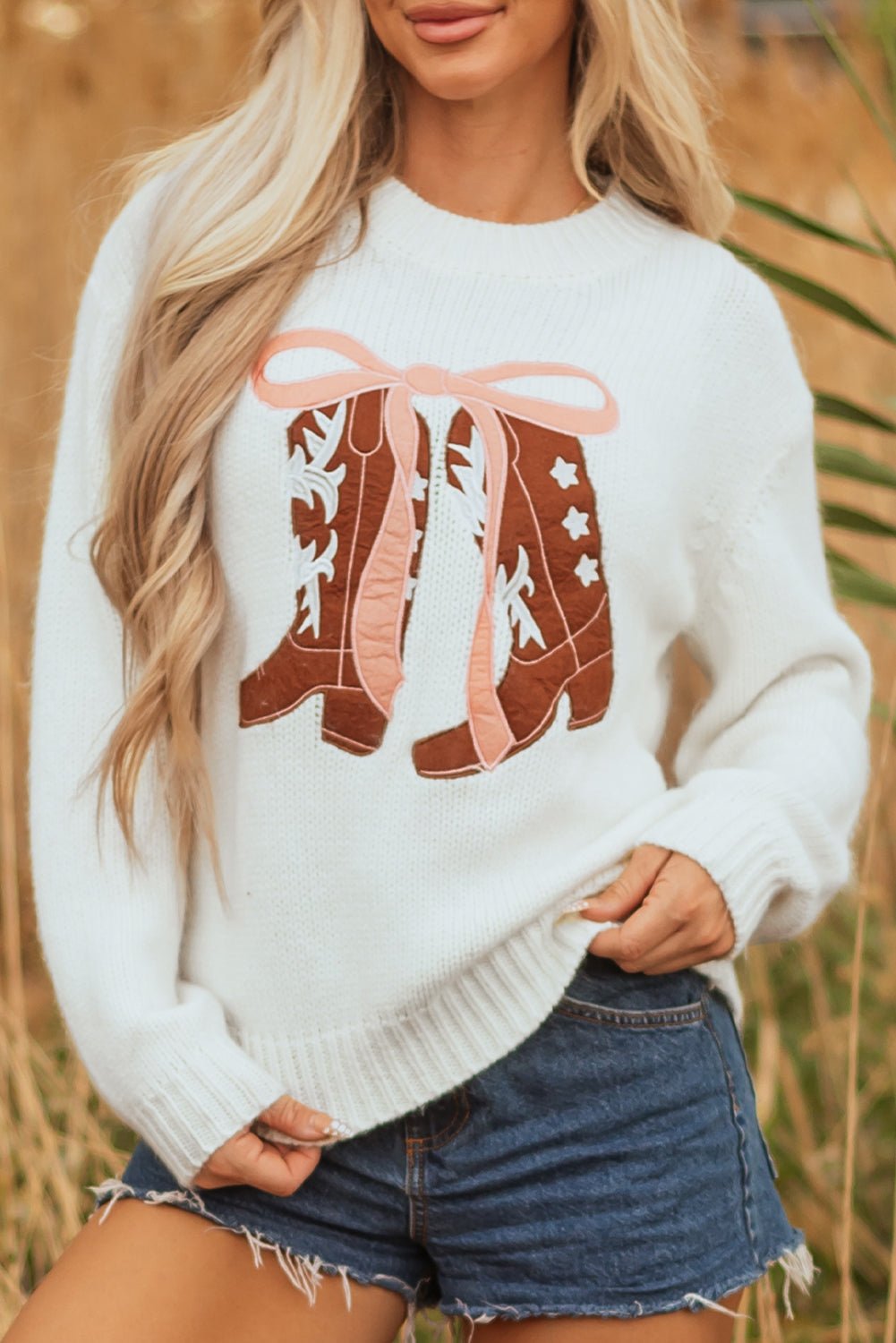 Western Bow Tie Boots Embroidered Drop Shoulder Sweater - Rooted & Reckless Co.