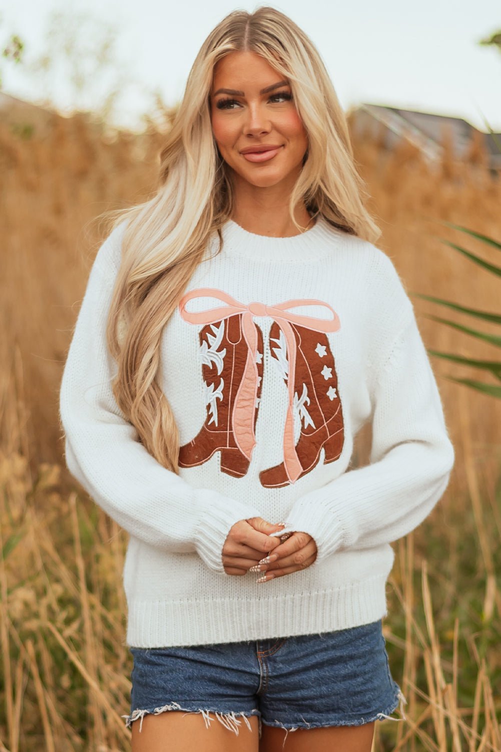 Western Bow Tie Boots Embroidered Drop Shoulder Sweater - Rooted & Reckless Co.