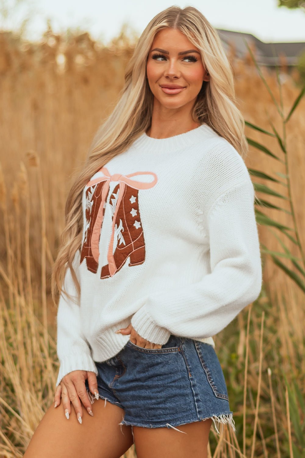 Western Bow Tie Boots Embroidered Drop Shoulder Sweater - Rooted & Reckless Co.