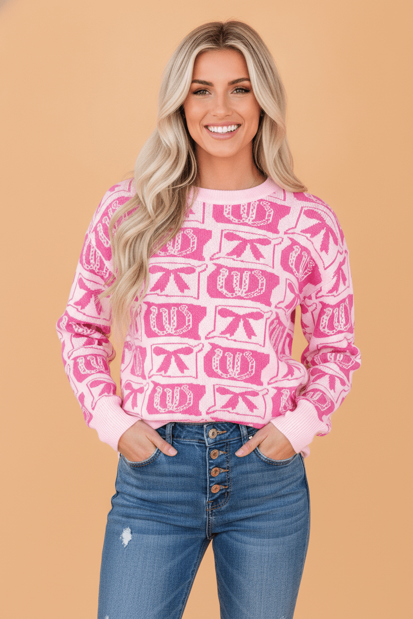 Western Bows & Horseshoes Drop Shoulder Sweater - Rooted & Reckless Co.