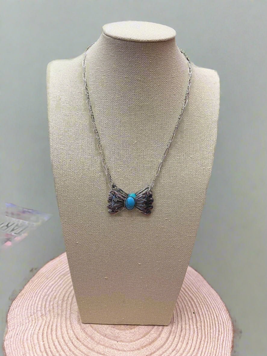 Western Bowtie & Faux Turquoise Necklace — 18 Inch with Extender - Rooted & Reckless Co.