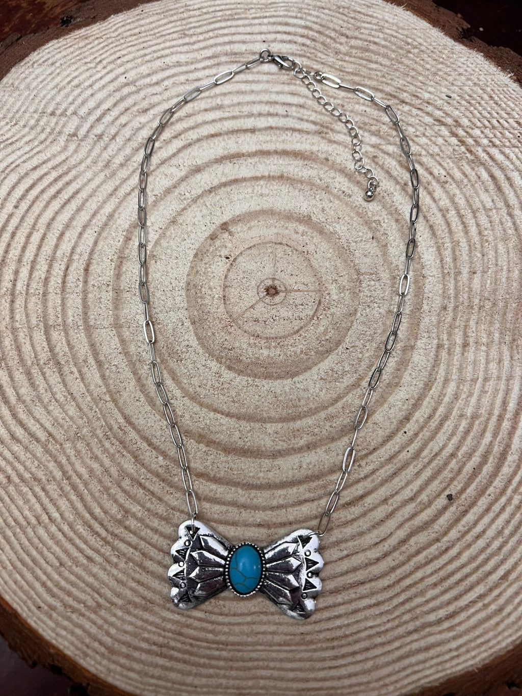 Western Bowtie & Faux Turquoise Necklace — 18 Inch with Extender - Rooted & Reckless Co.