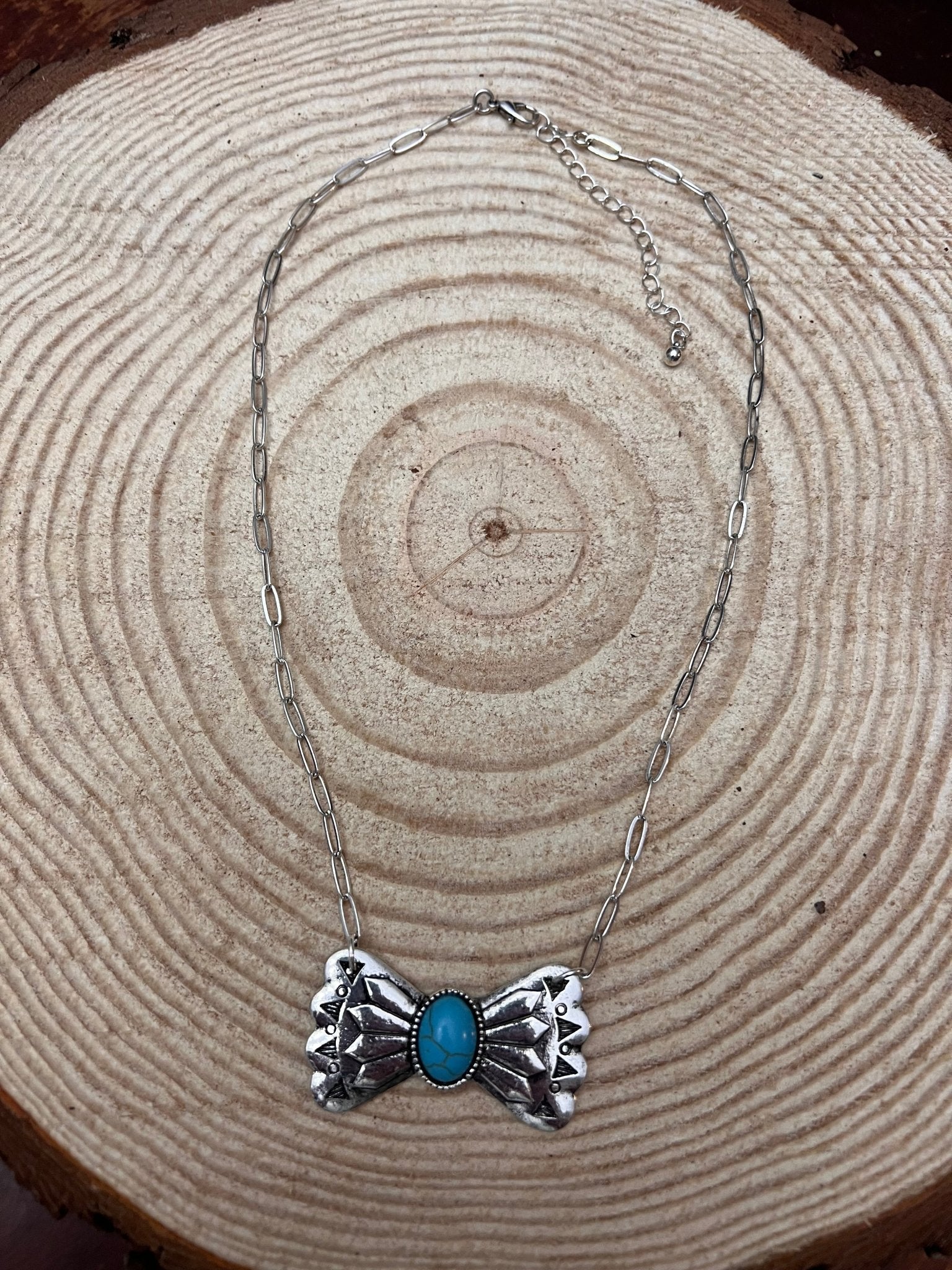 Western Bowtie & Faux Turquoise Necklace — 18 Inch with Extender - Rooted & Reckless Co.