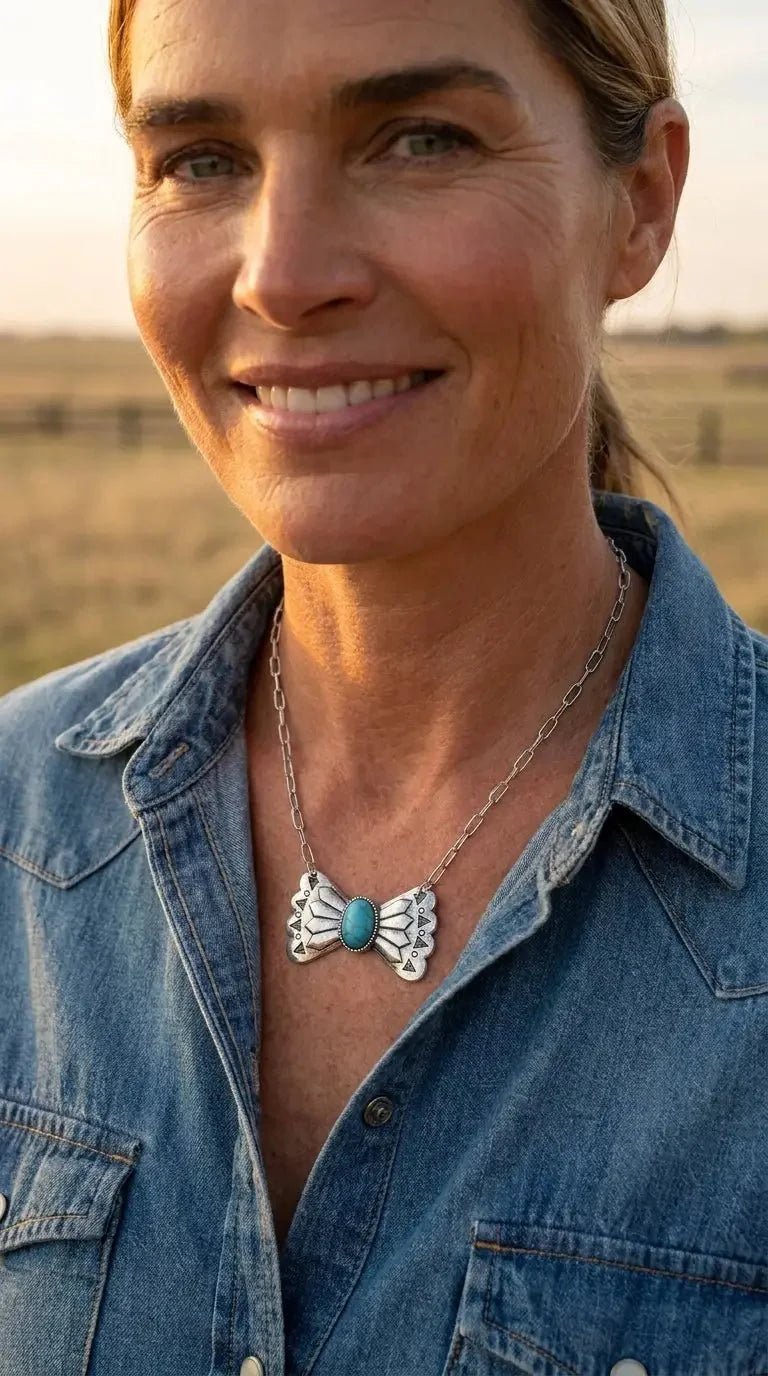 Western Bowtie & Faux Turquoise Necklace — 18 Inch with Extender - Rooted & Reckless Co.