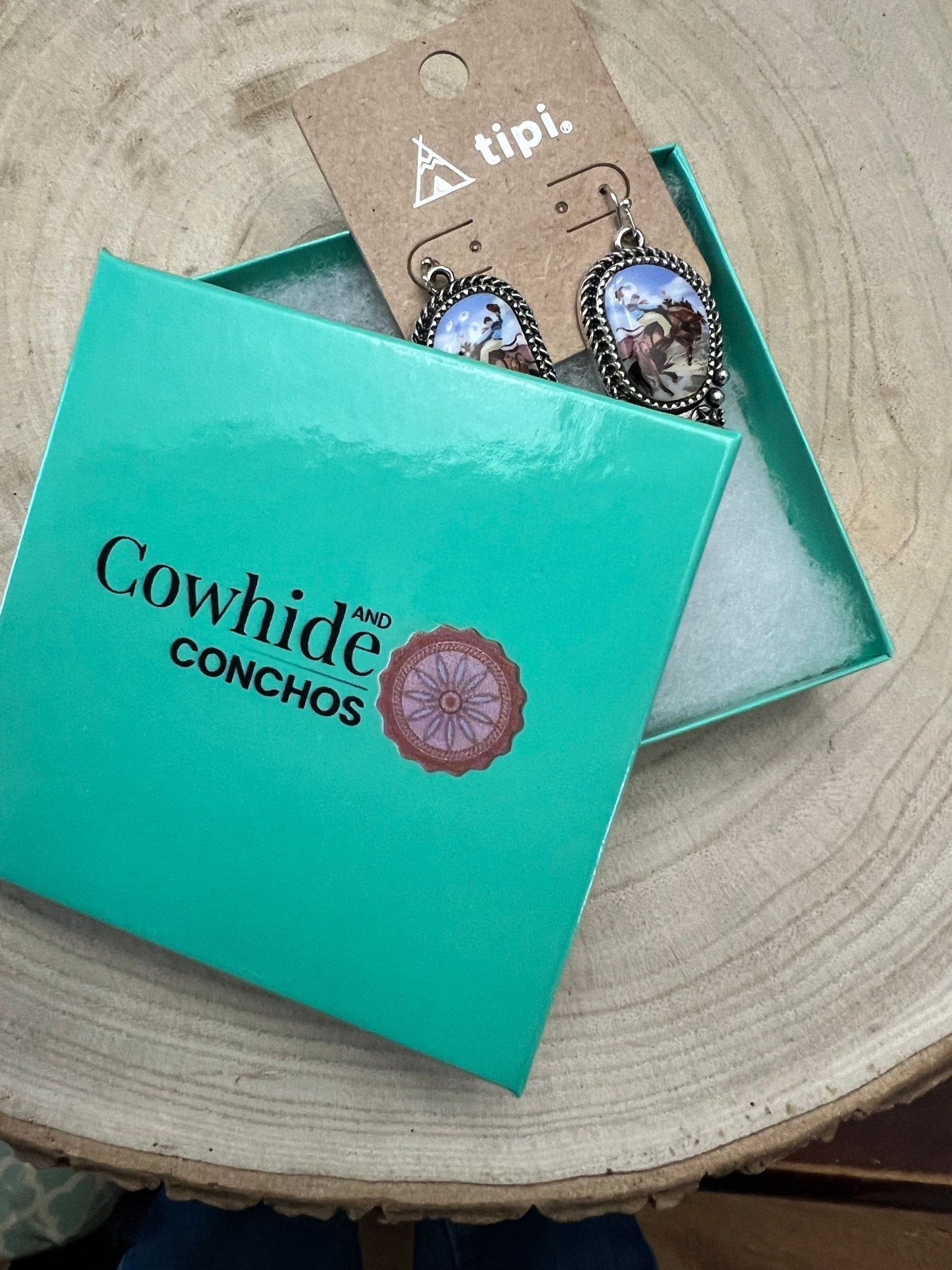 Western Bronc Print Oval & Faux Turquoise Earrings — Matching Rodeo Set - Rooted & Reckless Co.