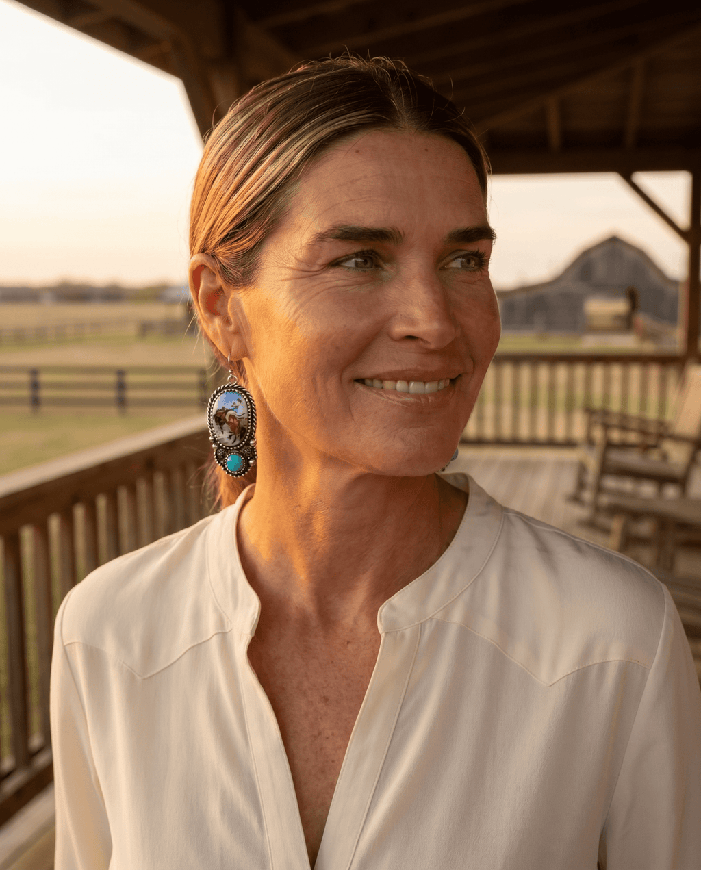 Western Bronc Print Oval & Faux Turquoise Earrings — Matching Rodeo Set - Rooted & Reckless Co.