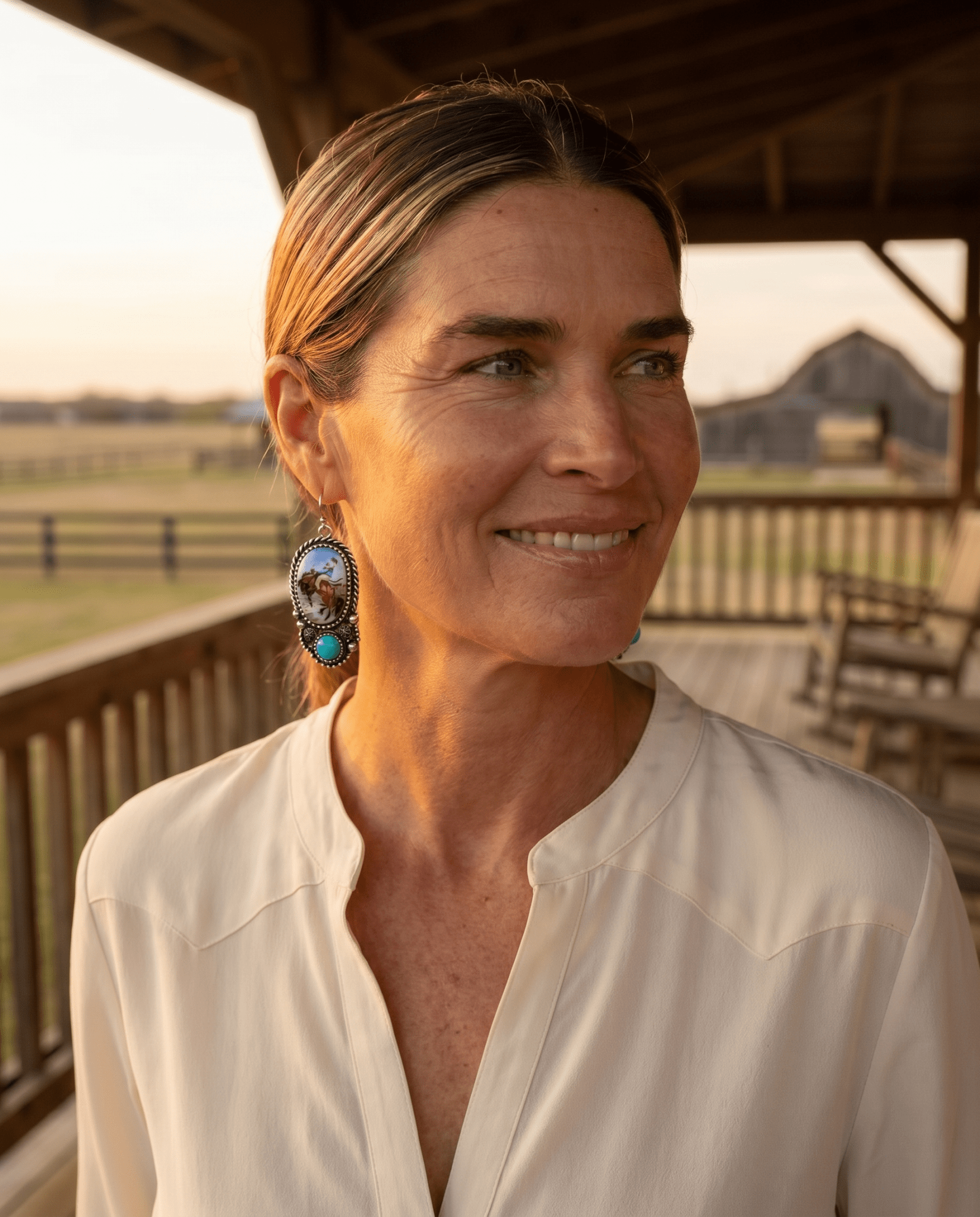 Western Bronc Print Oval & Faux Turquoise Earrings — Matching Rodeo Set - Rooted & Reckless Co.