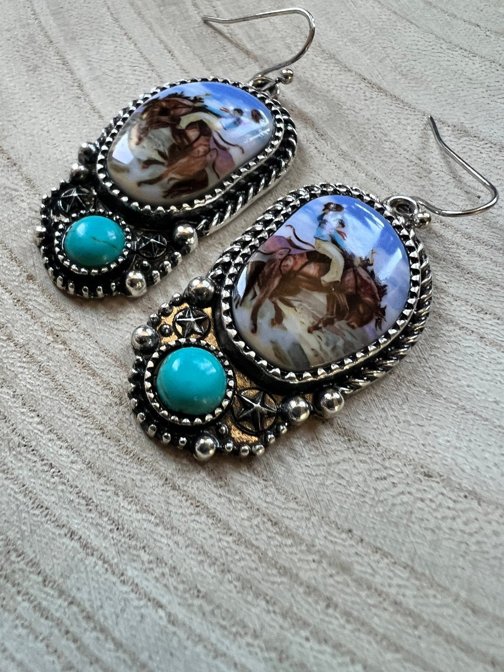 Western Bronc Print Oval & Faux Turquoise Earrings — Matching Rodeo Set - Rooted & Reckless Co.